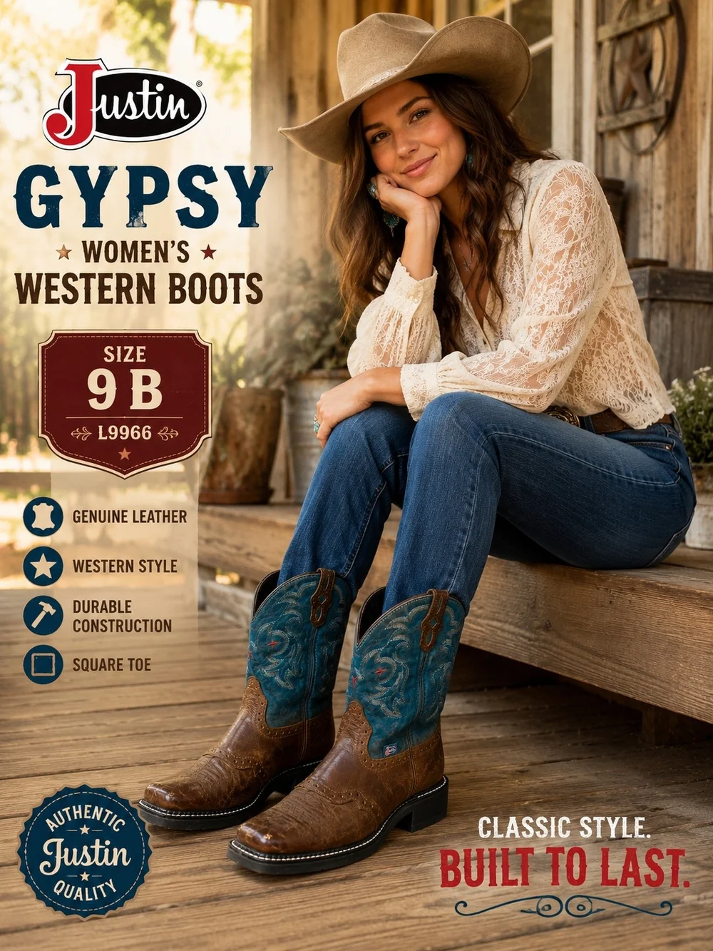 Justin Gypsy Women's Western Boots Brown Blue Square Toe Leather Size 9 B L9966